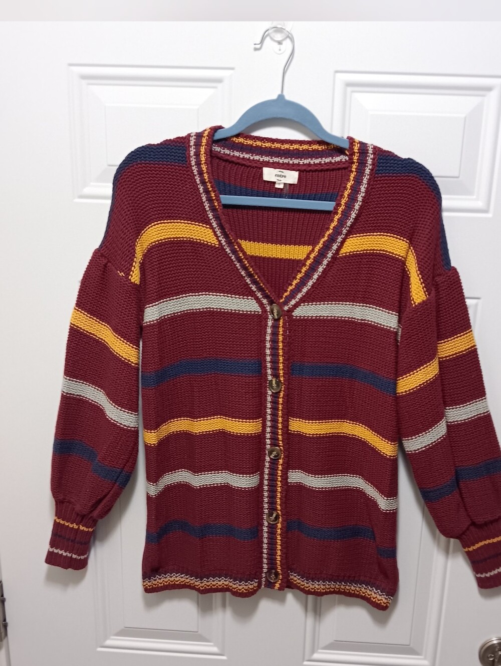 Entro Striped Chunky Knit Cardigan Burgundy Gold Navy Gray Balloon Sleeve Sz S